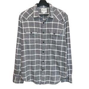Lucky Brand Flannel Shirt Saturday Stretch Mens M Grey Plaid‎ Snap Front Western